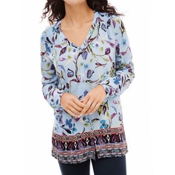 J.Jill Floral Buttons Down Long Sleeves Rayon V Neck Blouse Top.Size L - Picture 1 of 12